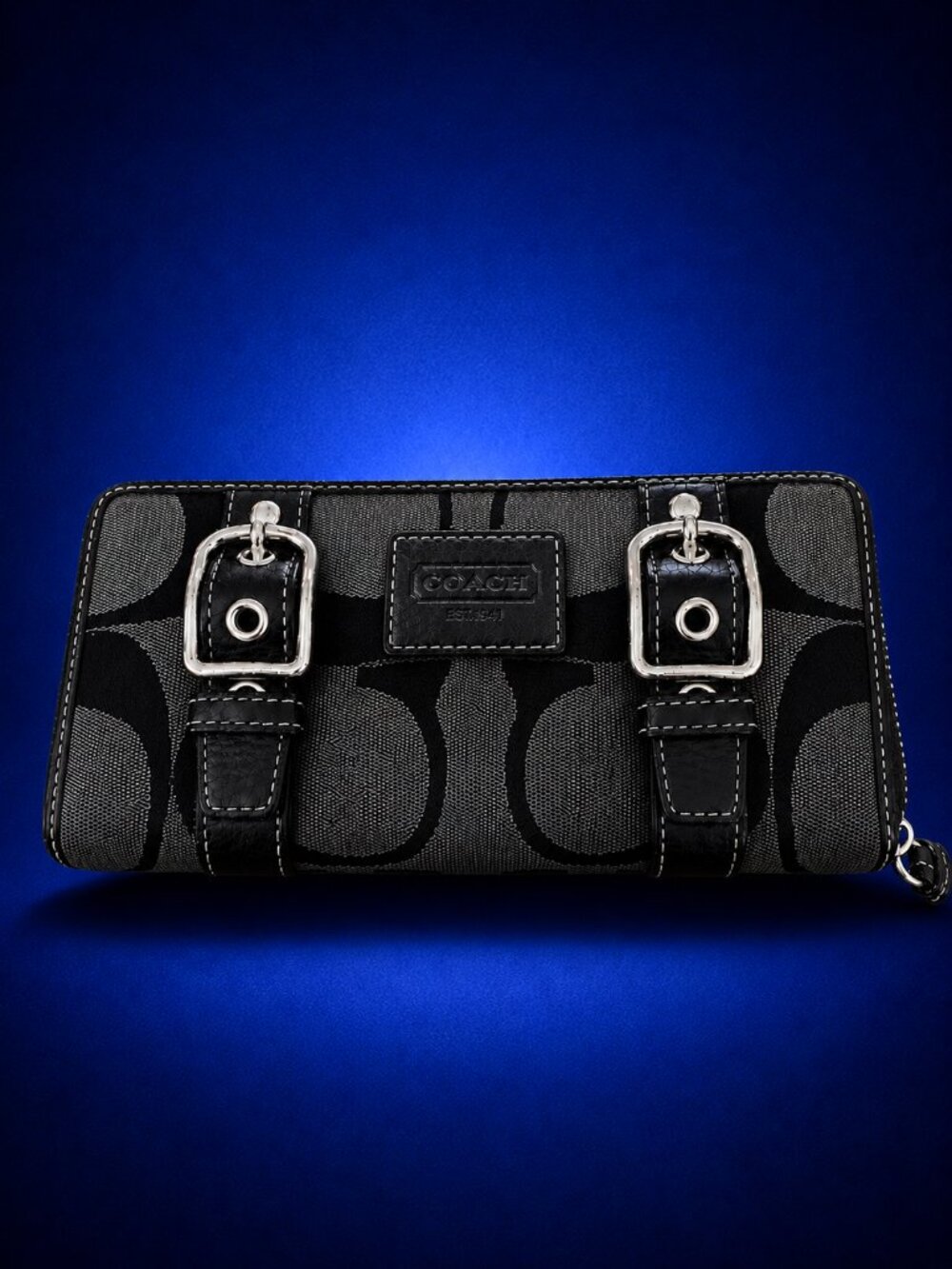 COACH Black Jacquard Signature Monogram Buckle Zip Around Continental Wallet